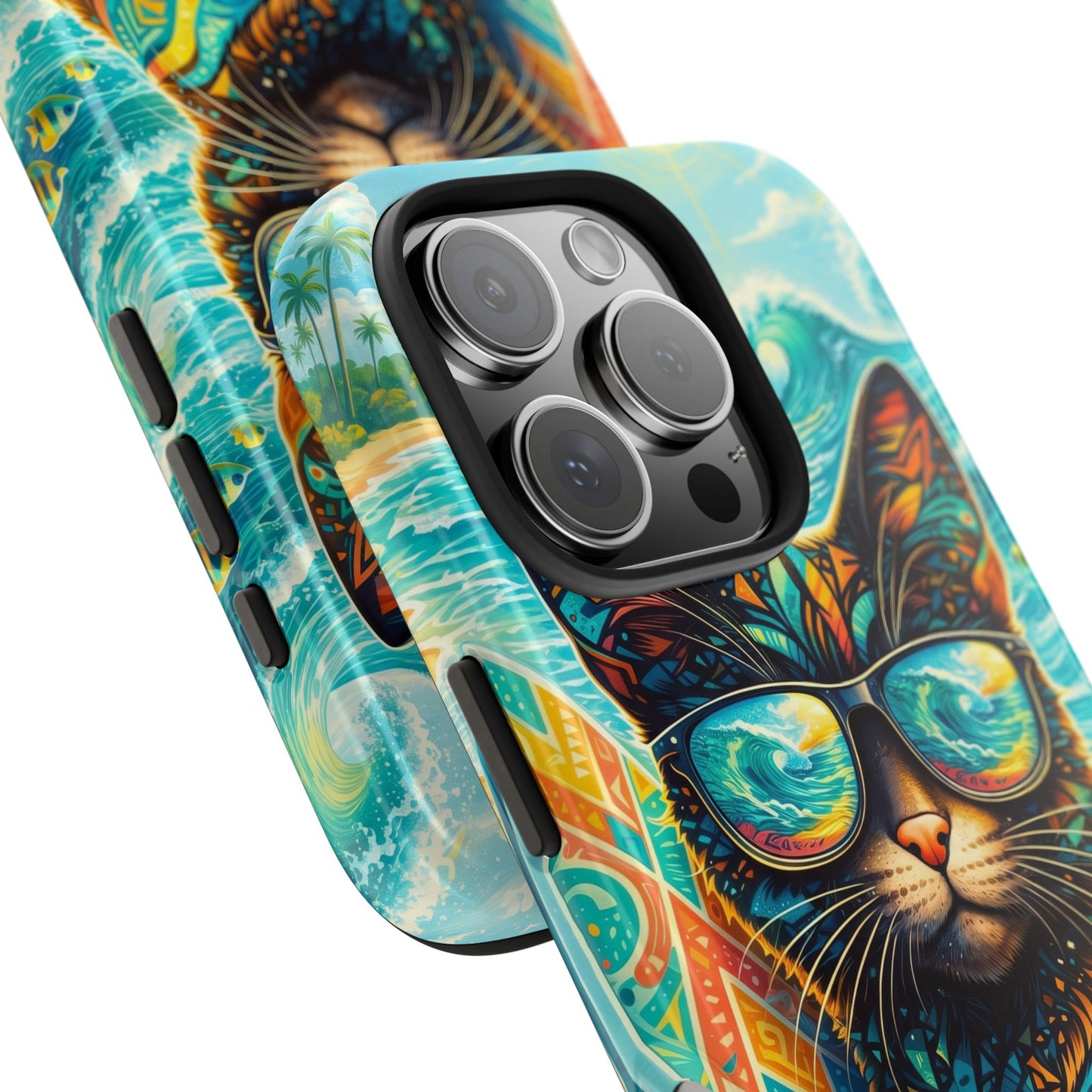 Tropical Surf Cat Tough Phone Case — Colorful Sunglasses Cat Slim Protective Cover