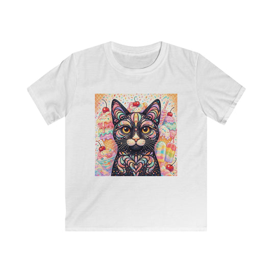 Kids cat art tee, white; colorful kitten graphic on the chest