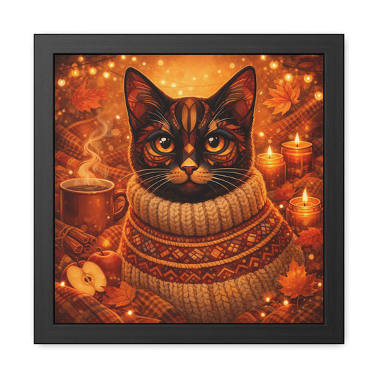 Framed cat poster showing a black cat wearing a knit sweater and scarf with candles