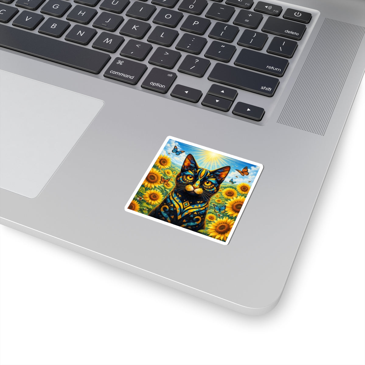 Sunflower Cat Sticker — Vibrant Floral Cat Sticker with Butterflies
