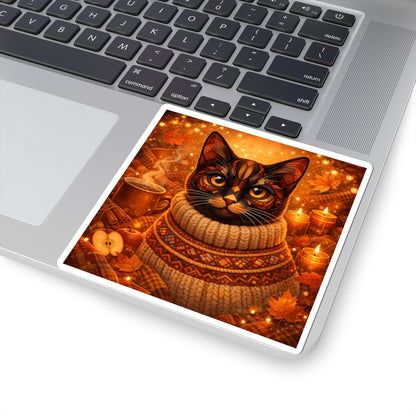 Autumn Cozy Cat Sticker — Fall Sweater Kitty Kiss-Cut Sticker