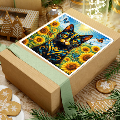 Sunflower Cat Sticker — Vibrant Floral Cat Sticker with Butterflies