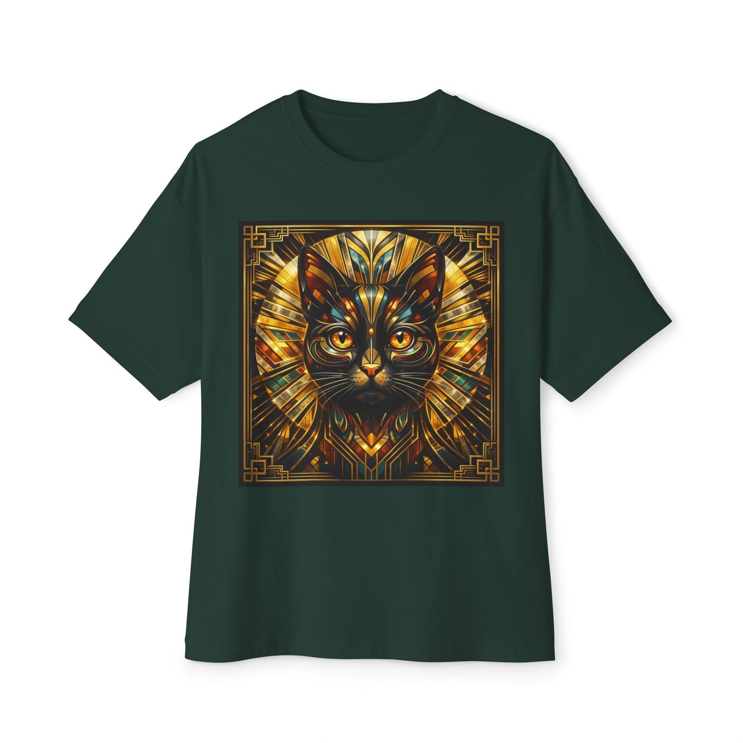 Art Deco Cat Graphic Tee — Golden Stained-Glass Feline Print