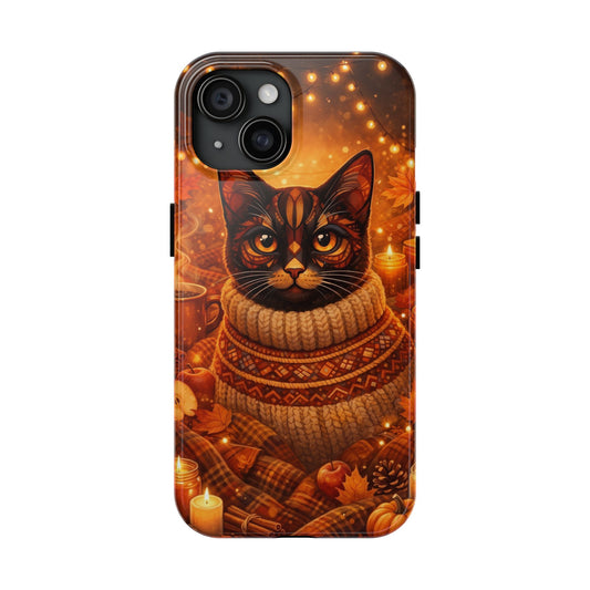 Tough phone case with tabby cat wearing a knitted fall sweater, warm autumn candle pattern