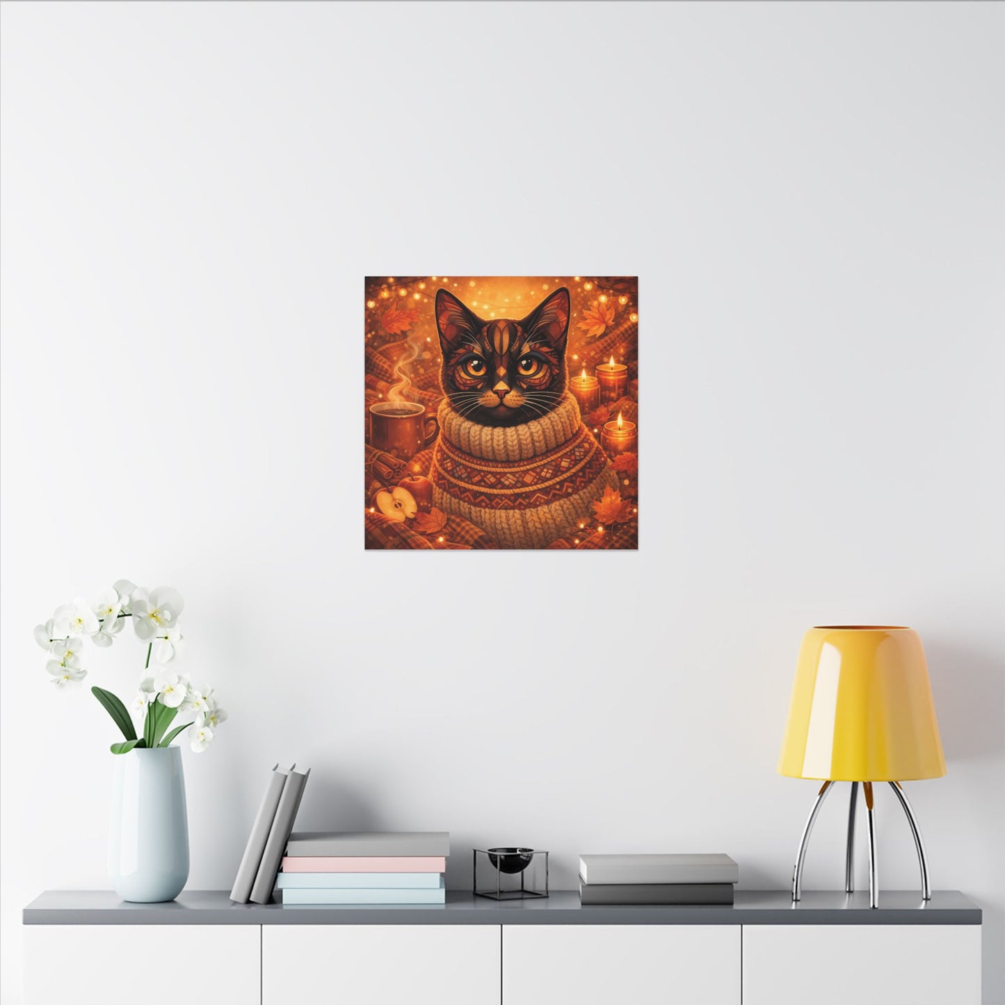 Autumn Cozy Cat Canvas - Warm Fall Cat Portrait with Sweater, Candles & Coffee