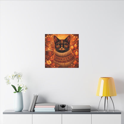 Autumn Cozy Cat Canvas - Warm Fall Cat Portrait with Sweater, Candles & Coffee