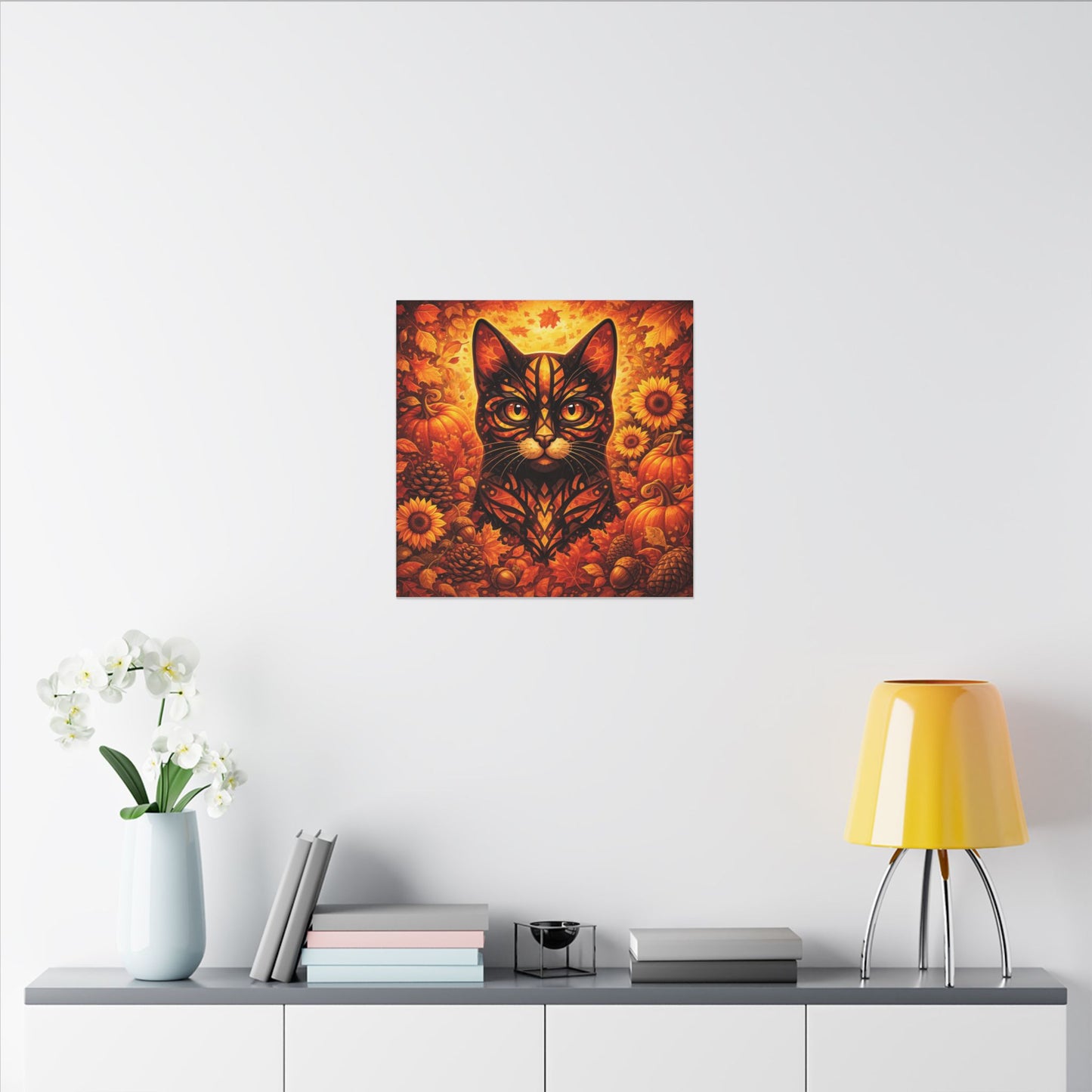 Autumn Cat Canvas Art — Pumpkin & Sunflower Fall Wall Decor