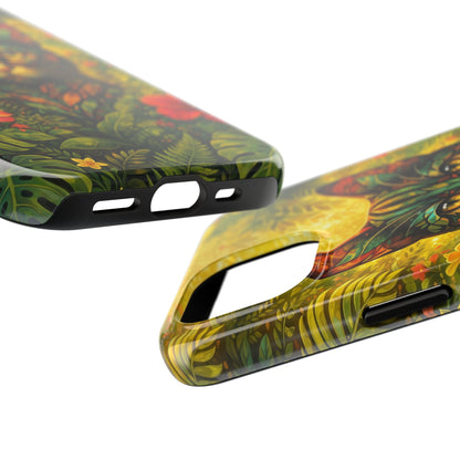 Tough phone case side view with jungle cat leaf print and raised screen lip, port cutouts.