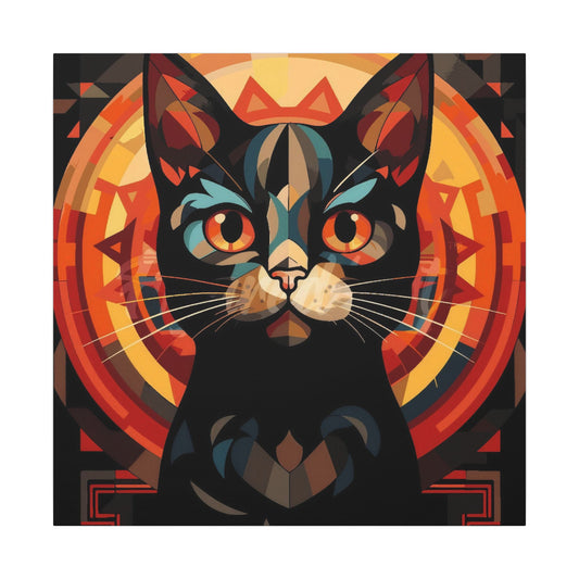 Framed canvas print of a black cat portrait with orange circle geometry and orange eyes.