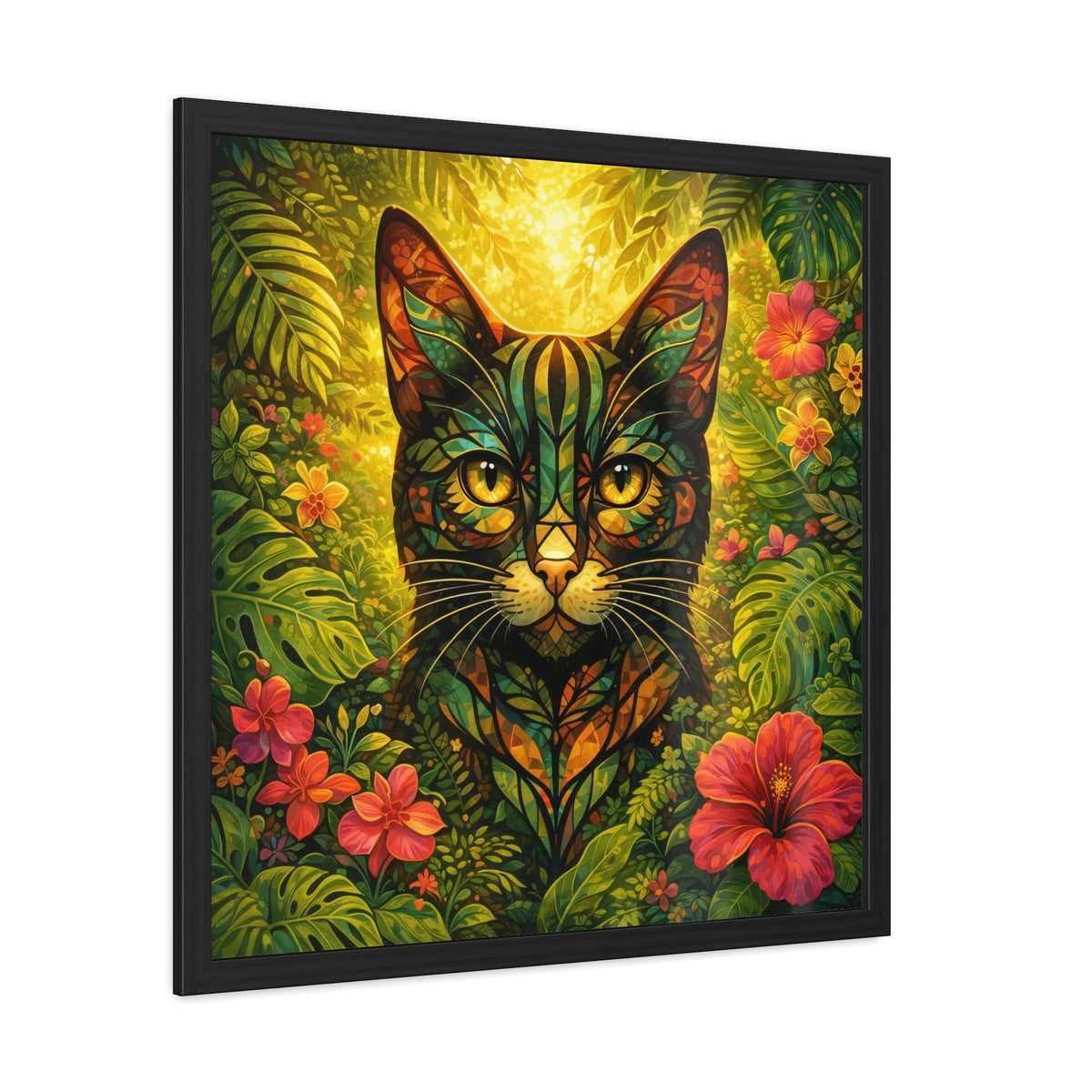 Framed cat portrait with tropical leaves, red flowers, and black frame border