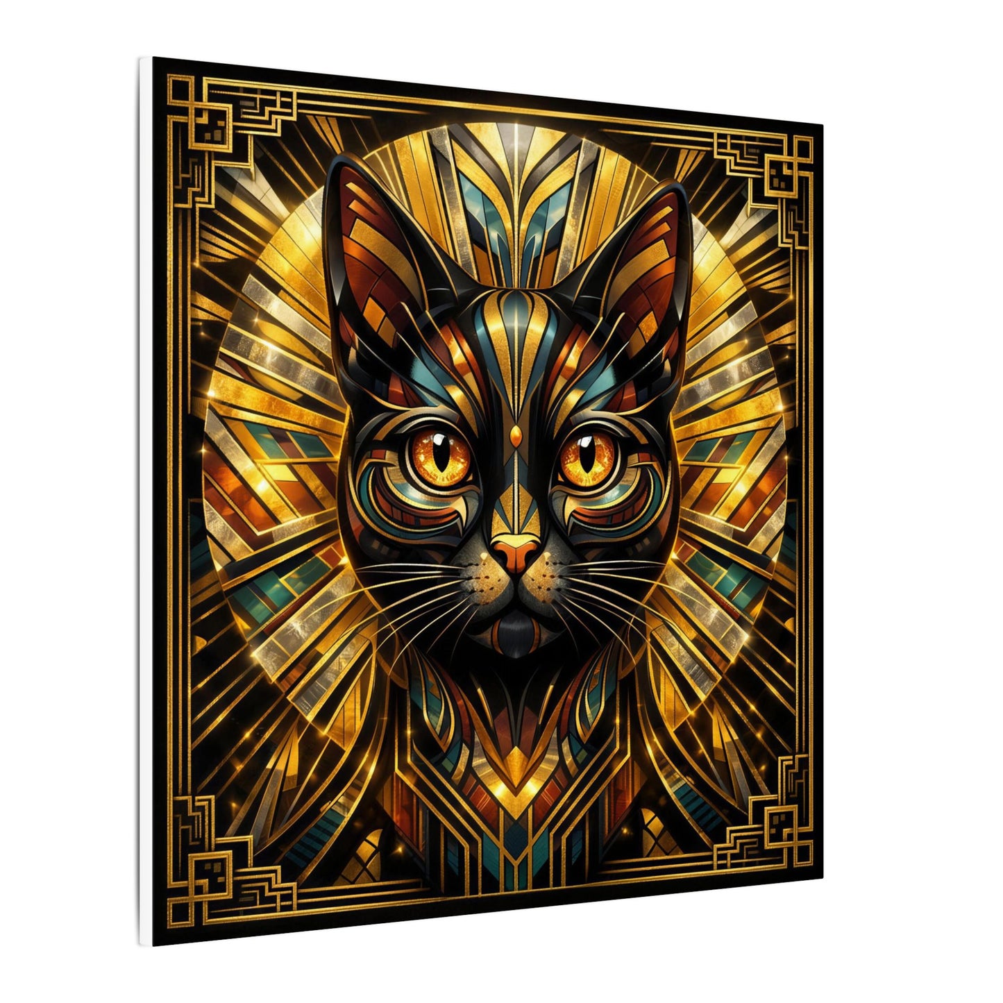 Art Deco Cat Canvas Print — Golden Geometric Feline Wall Art
