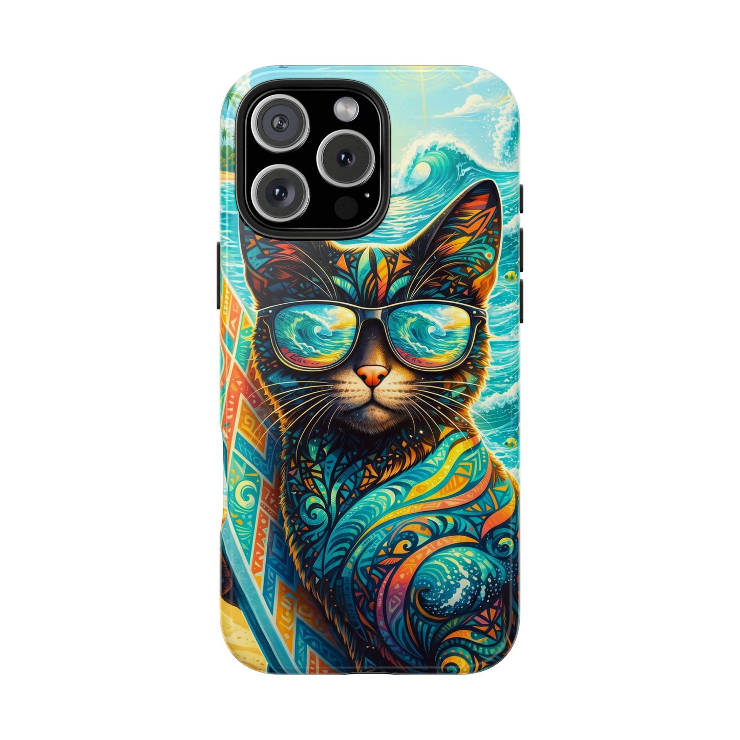Tropical Surf Cat Tough Phone Case — Colorful Sunglasses Cat Slim Protective Cover