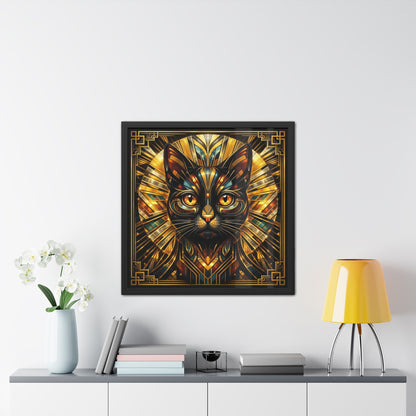 Art Deco Cat Framed Poster — Golden Stained-Glass Feline Wall Art