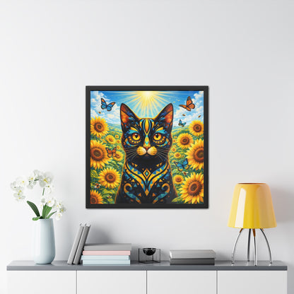Sunflower Cat Framed Poster — Vibrant Stained-Glass Cat Art Print