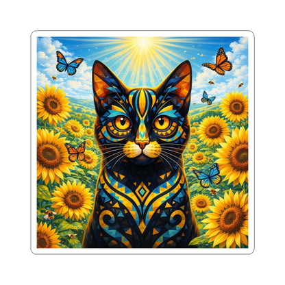 Sunflower Cat Sticker — Vibrant Floral Cat Sticker with Butterflies