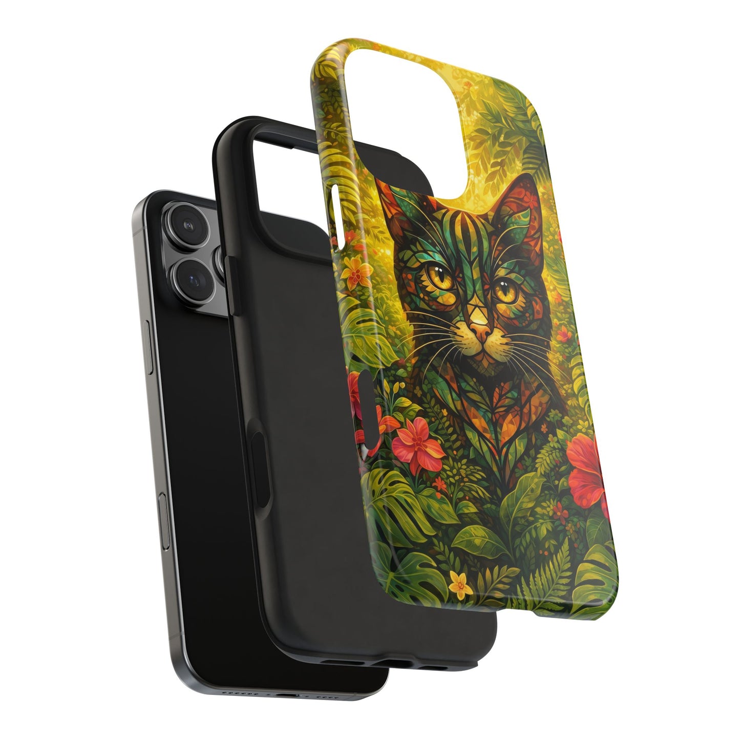 Tough phone case with jungle cat print on a yellow-green background, dark edges