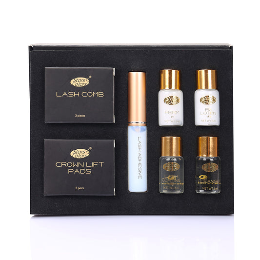 Lash lifting kit contents: lash comb, crown lift pads, and lifting bottles in box