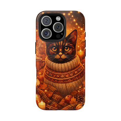 Cozy Autumn Cat Tough Phone Case — Cat in Sweater Fall Phone Cover