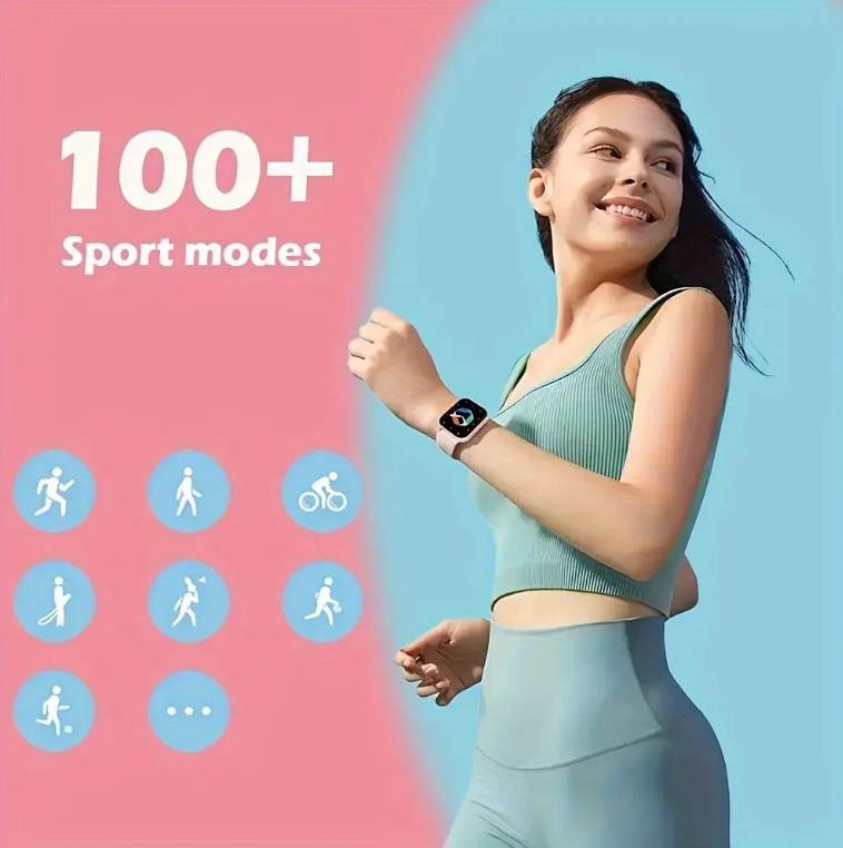 Square smartwatch on wrist with black strap, screen showing sport mode icons