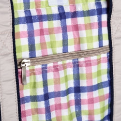 Insulated cooler tote bag with zippered front pocket in colorful plaid