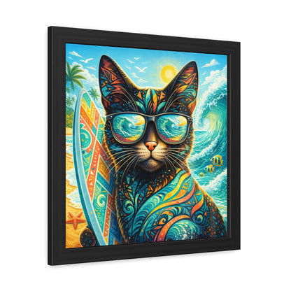 Surfing Cat Framed Poster — Colorful Tropical Cat with Sunglasses Art