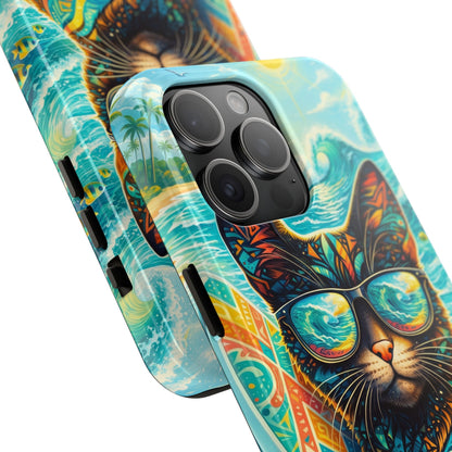 Tropical Surf Cat Tough Phone Case — Colorful Sunglasses Cat Slim Protective Cover