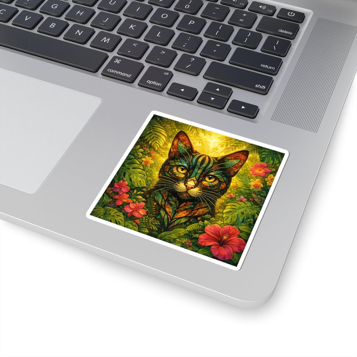 Tropical Cat Sticker — Colorful Botanical Kiss-Cut Decal for Laptops & Water Bottles