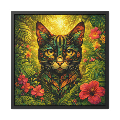Framed cat portrait in tropical leaves and red-orange flowers, black frame