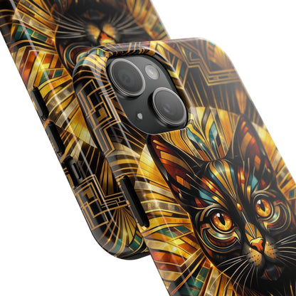 Art Deco Cat Tough Phone Case — Golden Geometric Protective Cover
