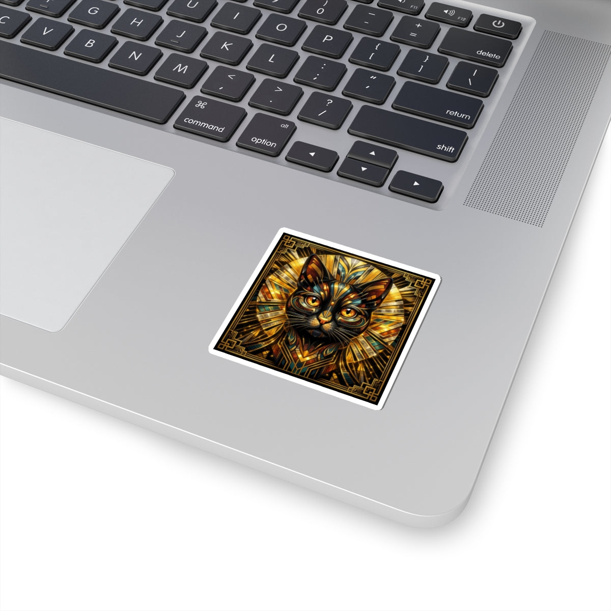 Art Deco Cat Kiss-Cut Sticker — Metallic Gold Geometric Feline Laptop Decal