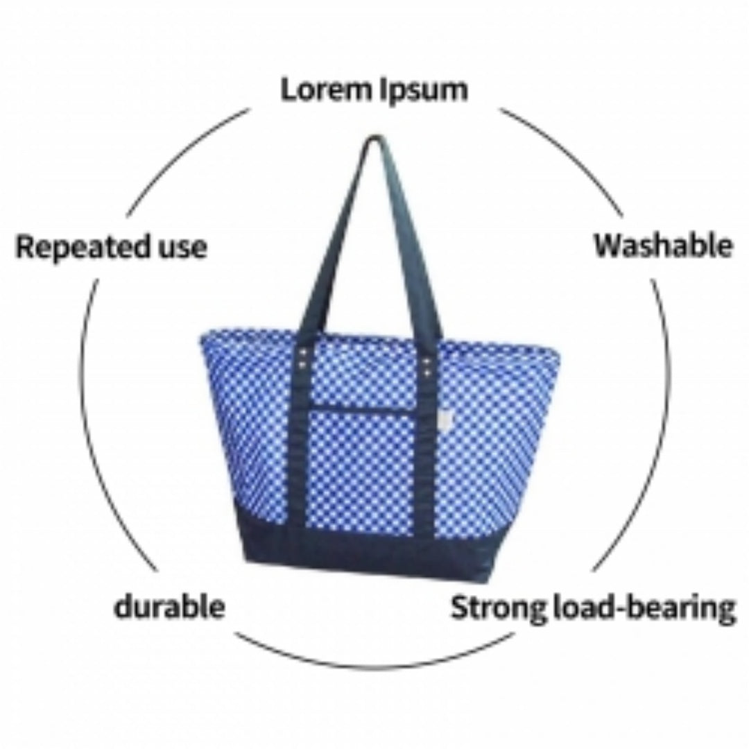 Large insulated cooler tote with blue checkered panels and wide top carry handles