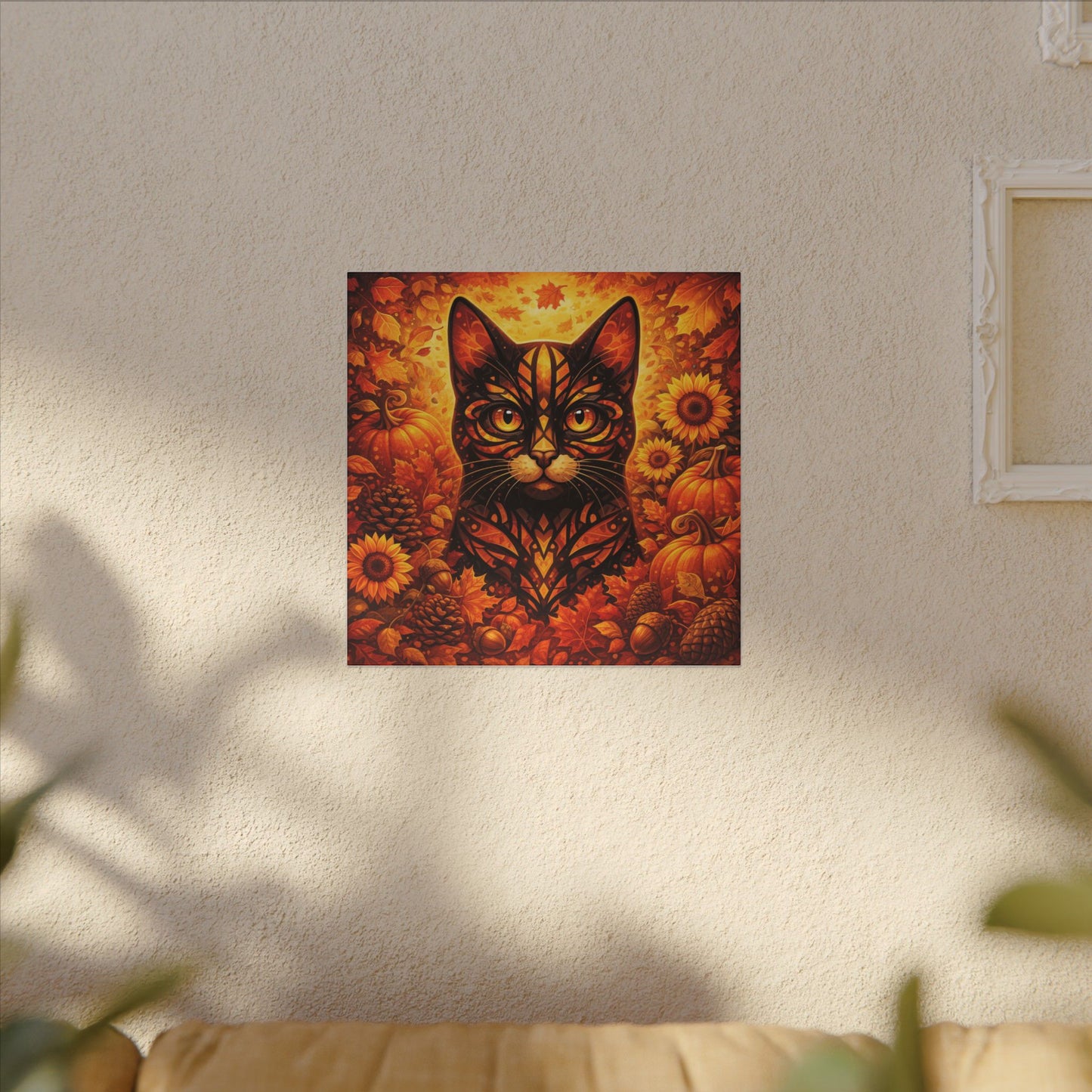 Autumn Cat Canvas Art — Pumpkin & Sunflower Fall Wall Decor
