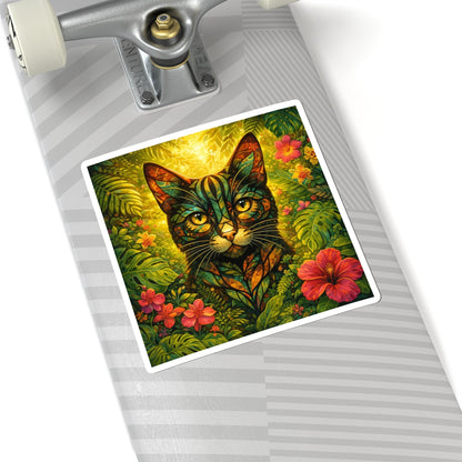 Tropical Cat Sticker — Colorful Botanical Kiss-Cut Decal for Laptops & Water Bottles