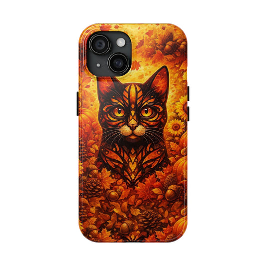 Phone case with black cat face and autumn leaf floral pattern, camera cutouts