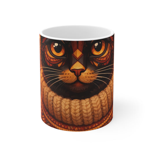 Cat mug with autumn graphic: cat face wearing a knit sweater, warm orange tones