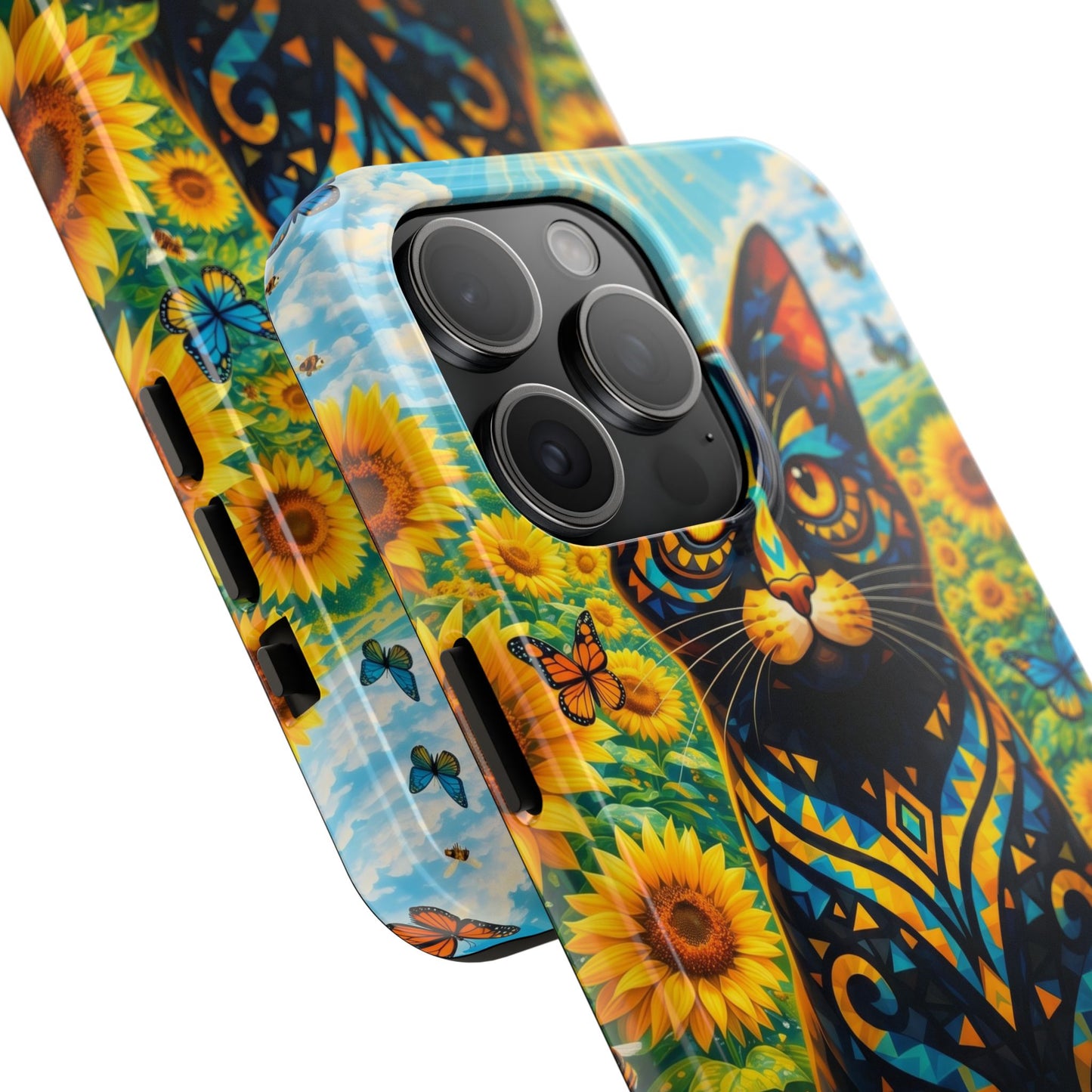 Sunflower Cat Tough Phone Case — Vibrant Boho Floral Armor for iPhone & Android