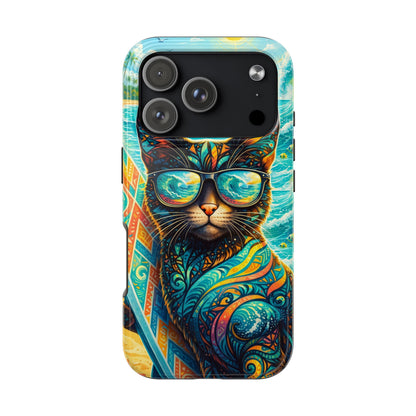 Tropical Surf Cat Tough Phone Case — Colorful Sunglasses Cat Slim Protective Cover
