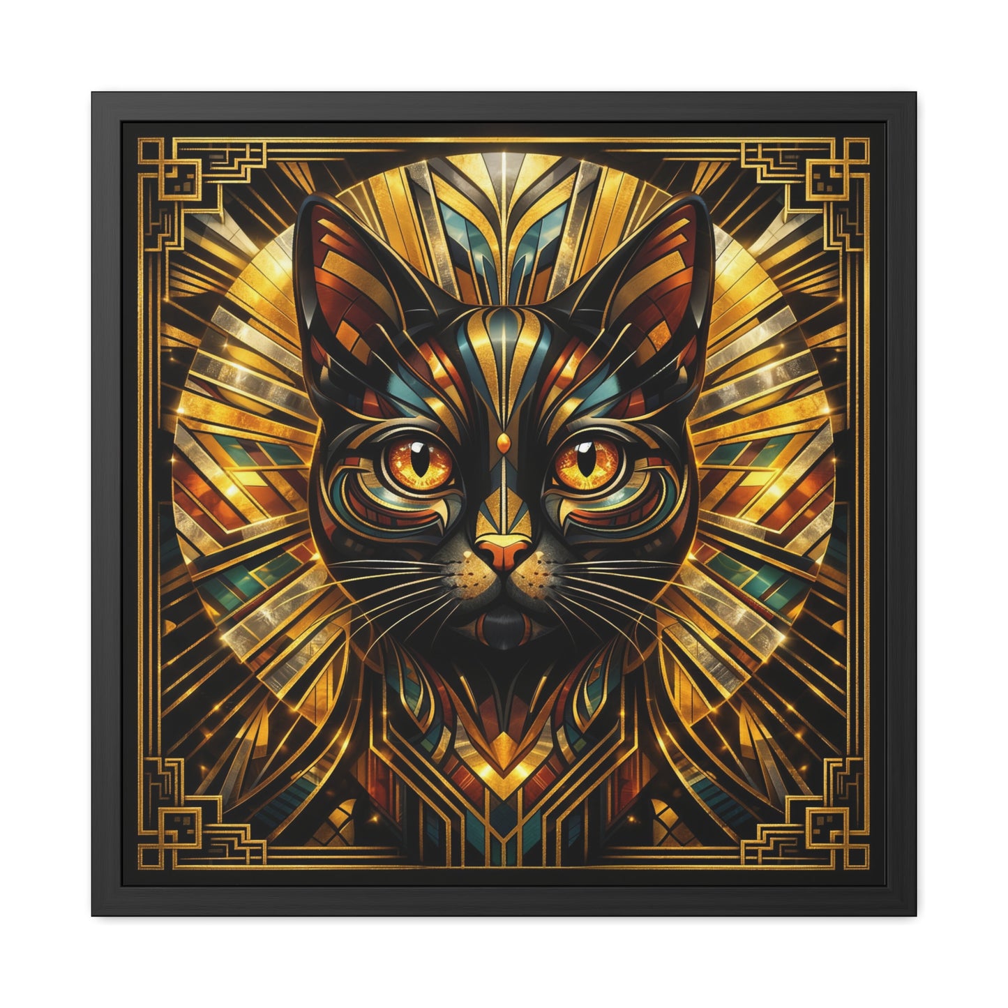 Art Deco Cat Framed Poster — Golden Stained-Glass Feline Wall Art