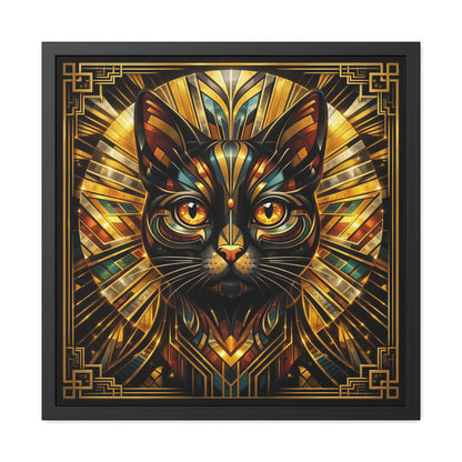 Art Deco Cat Framed Poster — Golden Stained-Glass Feline Wall Art