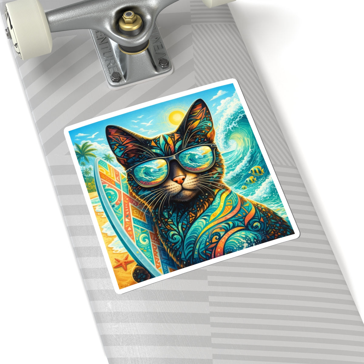 Surfing Cat Sticker — Colorful Tropical Beach Cat Kiss-Cut Sticker