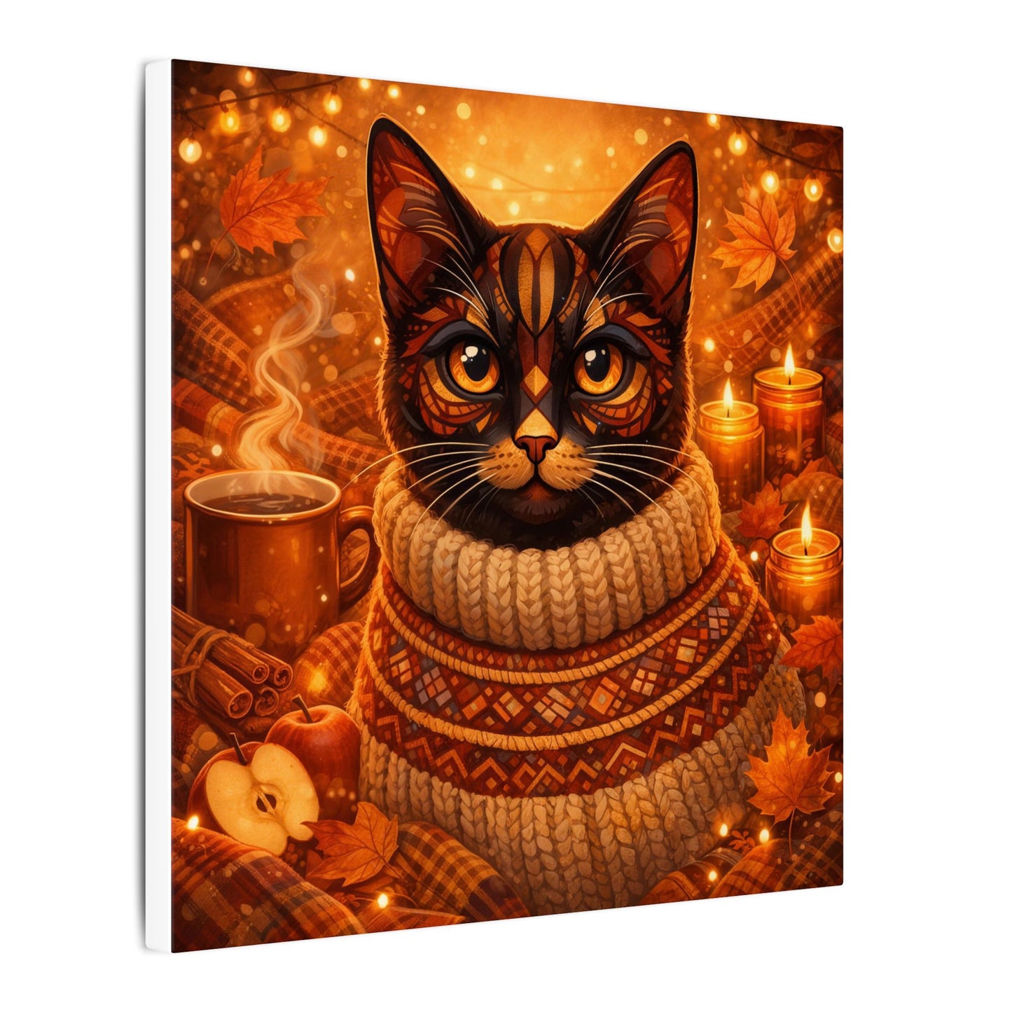 Autumn Cozy Cat Canvas - Warm Fall Cat Portrait with Sweater, Candles & Coffee