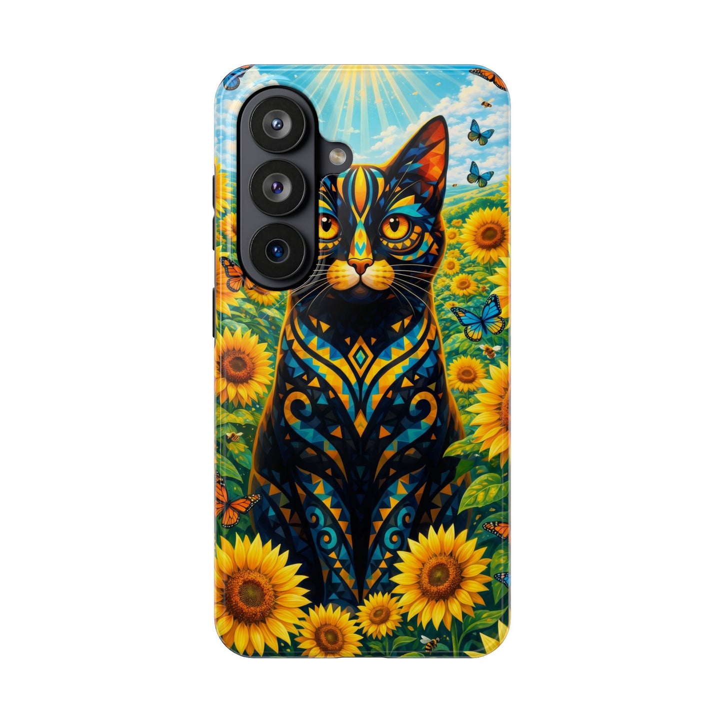 Sunflower Cat Tough Phone Case — Vibrant Boho Floral Armor for iPhone & Android