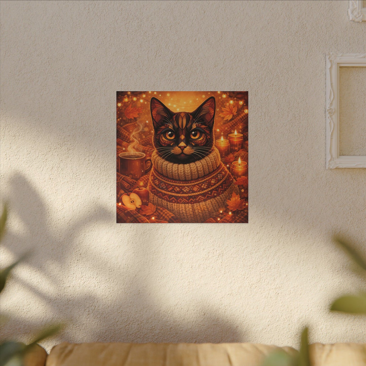 Autumn Cozy Cat Canvas - Warm Fall Cat Portrait with Sweater, Candles & Coffee