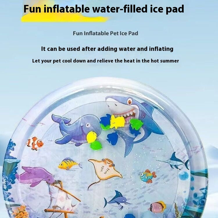 Inflatable pet cooling water mat with ocean animal graphics, transparent round top view