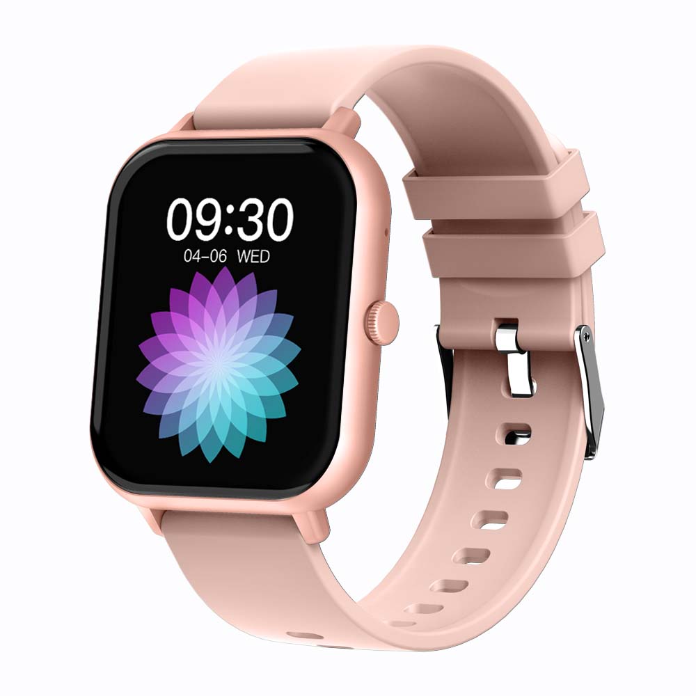 Square smartwatch with pink strap, black screen showing 09:30 and flower UI