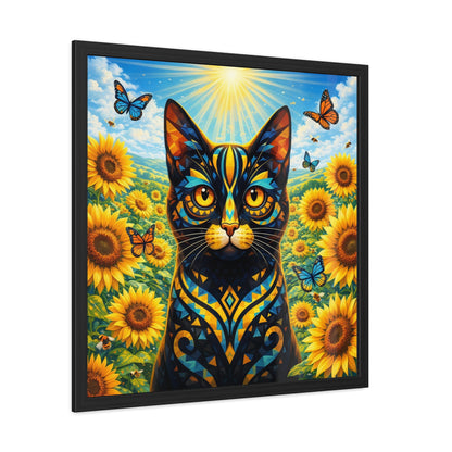 Sunflower Cat Framed Poster — Vibrant Stained-Glass Cat Art Print