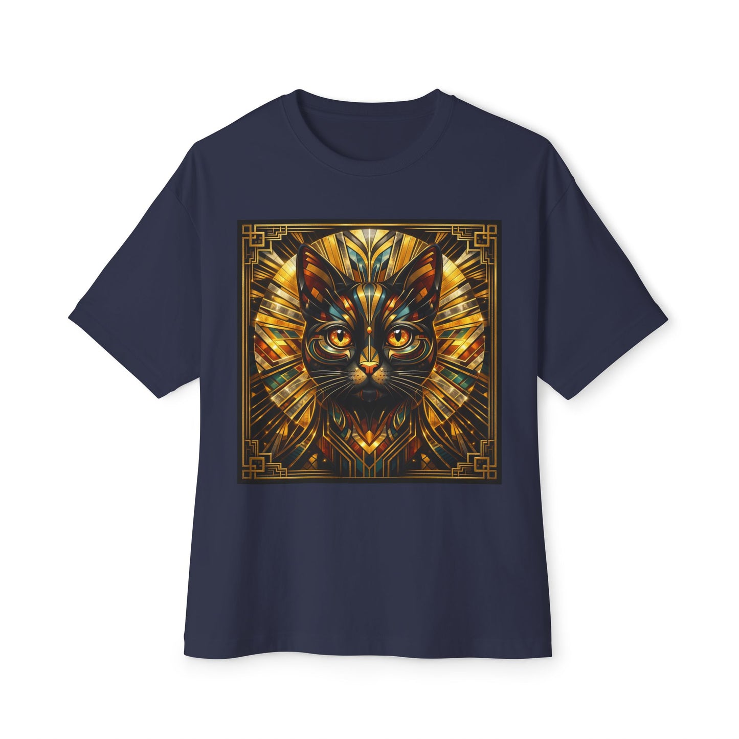 Art Deco Cat Graphic Tee — Golden Stained-Glass Feline Print