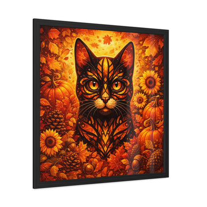 Autumn Cat Framed Poster — Halloween Pumpkin & Sunflower Wall Art