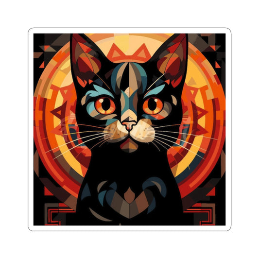 Black cat retro geometric sticker with orange-red circular rays and accents, white border