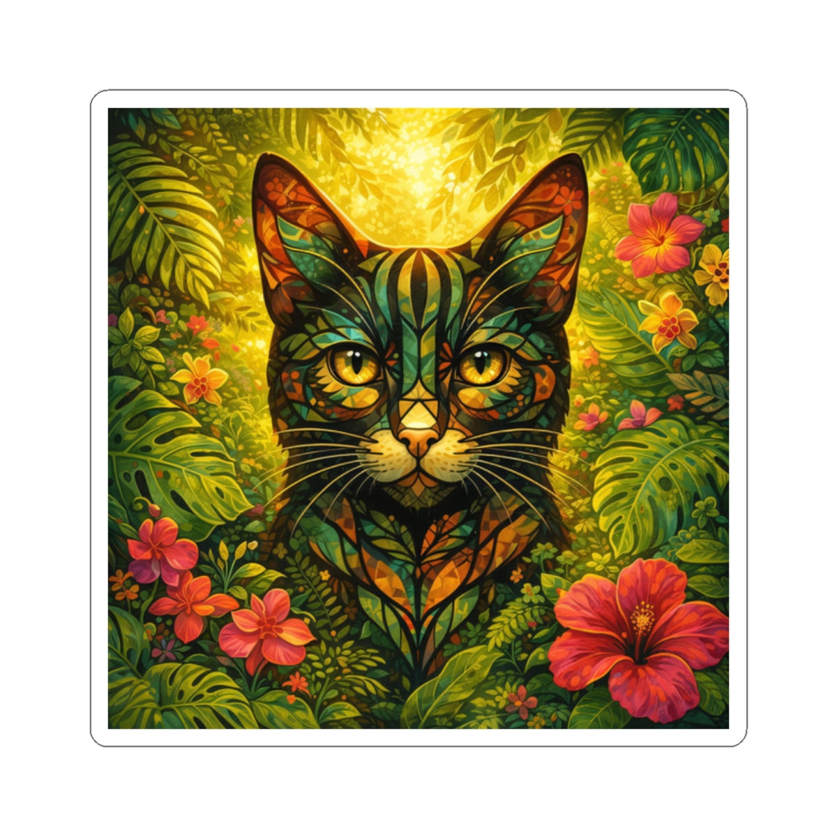 Tropical Cat Sticker — Colorful Botanical Kiss-Cut Decal for Laptops & Water Bottles